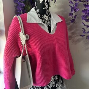 VICI Sweater Womens Small Hot Pink Cropped Ribbed Pullover Oversized Boho